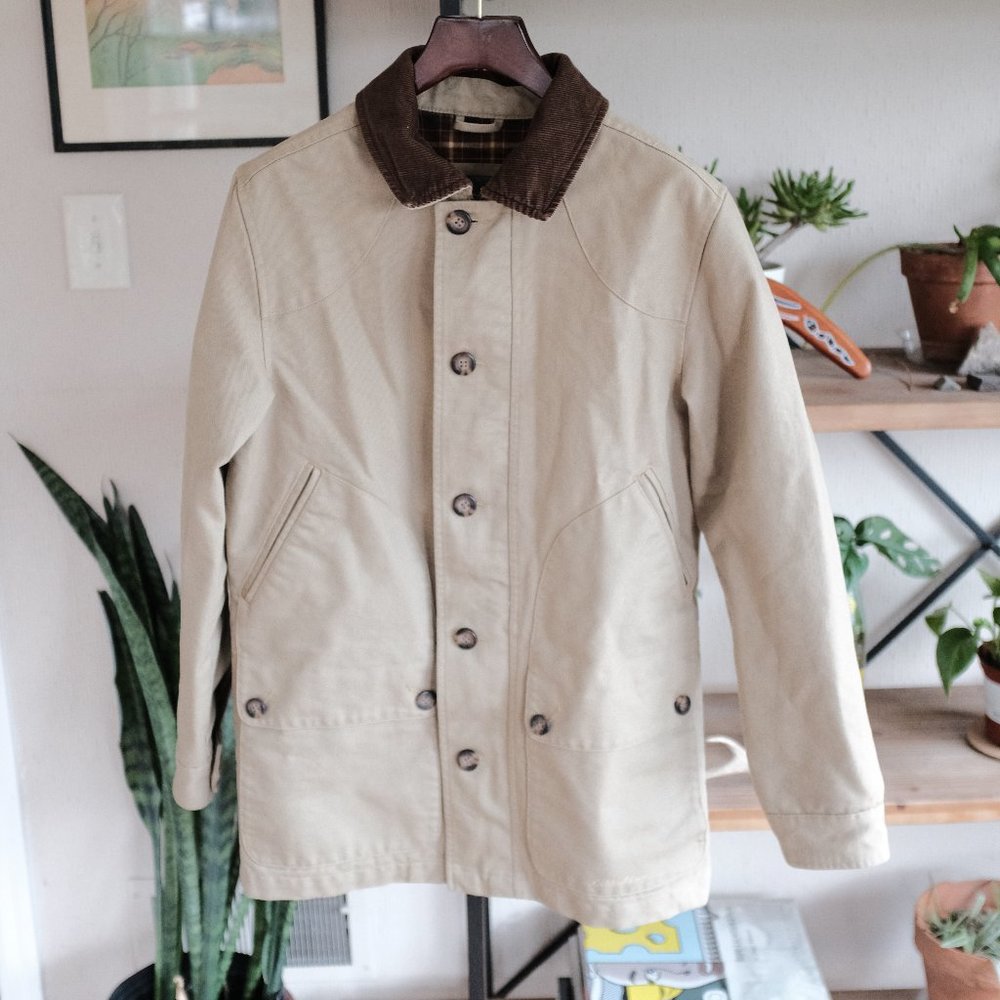 VTG Eddie Bauer Chore Coat Tan Canvas Plaid Blanket Lined Size S
